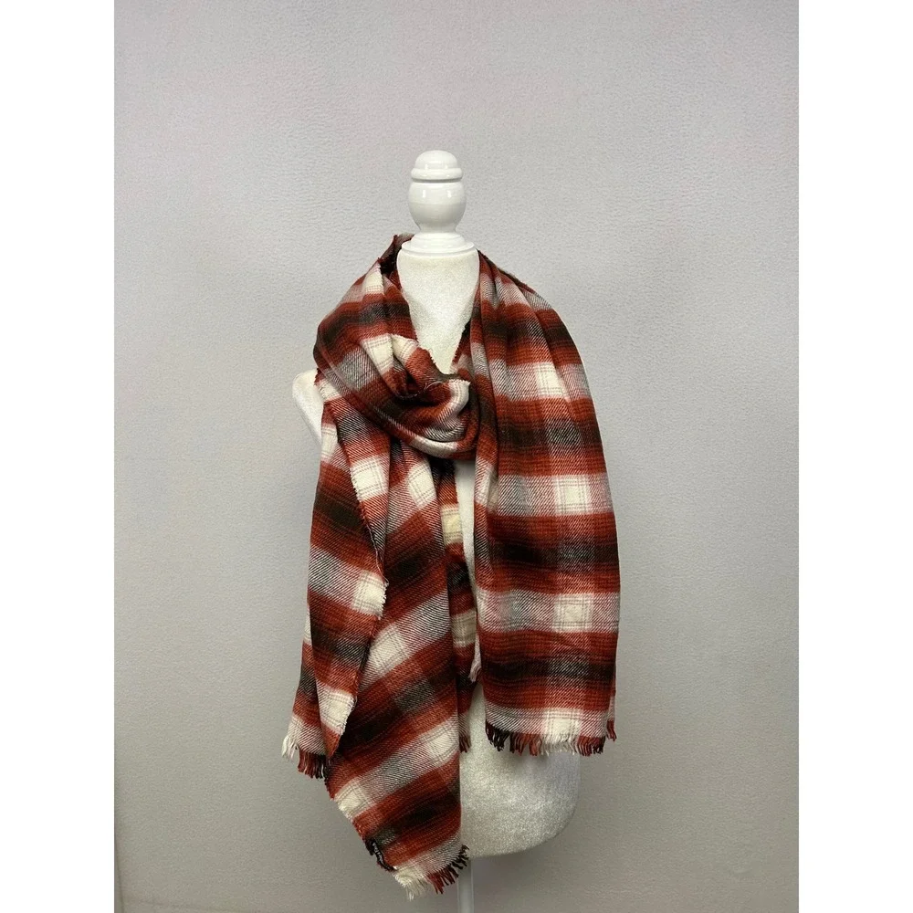 Fall Cabin Core Womens OS Red Plaid Oversized Blanket Scarf Wrap